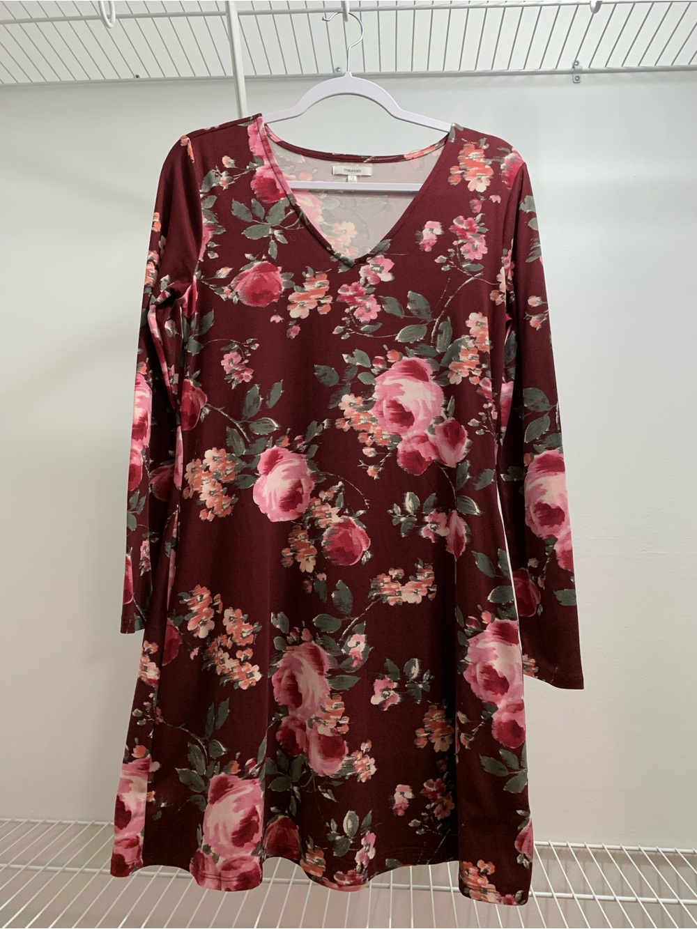 Maurices Burgundy Floral V-Neck Long Sleeve Dress